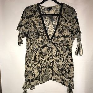 Anna Sui Floral Sheer Side Tie Top V Neck Sz M